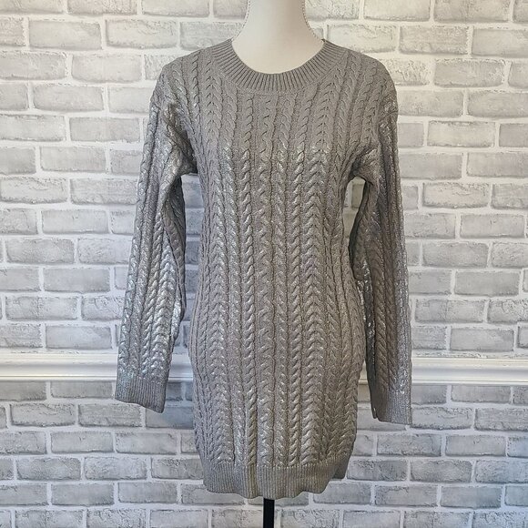 Boutique Gray Sweater Dress Womens Medium Silver Metallic NEW Cozy - Picture 5 of 5